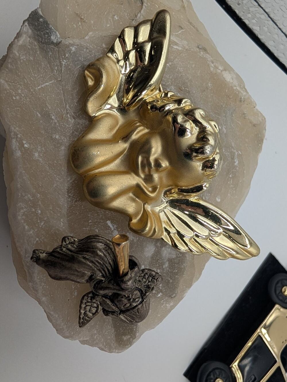 Vintage Cherub Angel Brooch Pin Gold Tone & Small Angel Horn Pewter Tone Lot